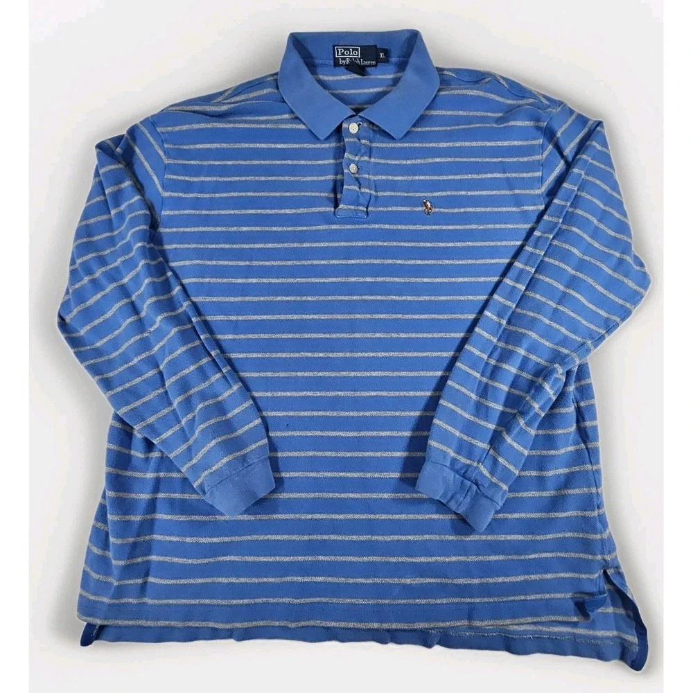 Ralph Lauren Polo Vintage Rugby Shirt Men's Size XL Blue Gray Stripes Brown Pony